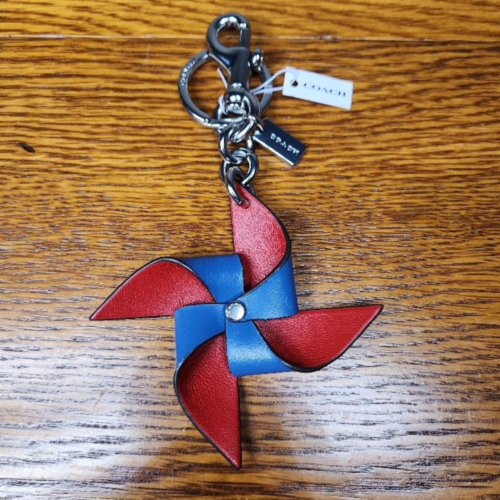 Coach Pinwheel Leather Keychain - Red & Blue - Picture 1 of 6